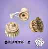 A handle with two replacement brush heads:
1 Sisal and Palm Head
1 Sisal Head
Background image is purple, featuring Plantish and Pop Up logos.
