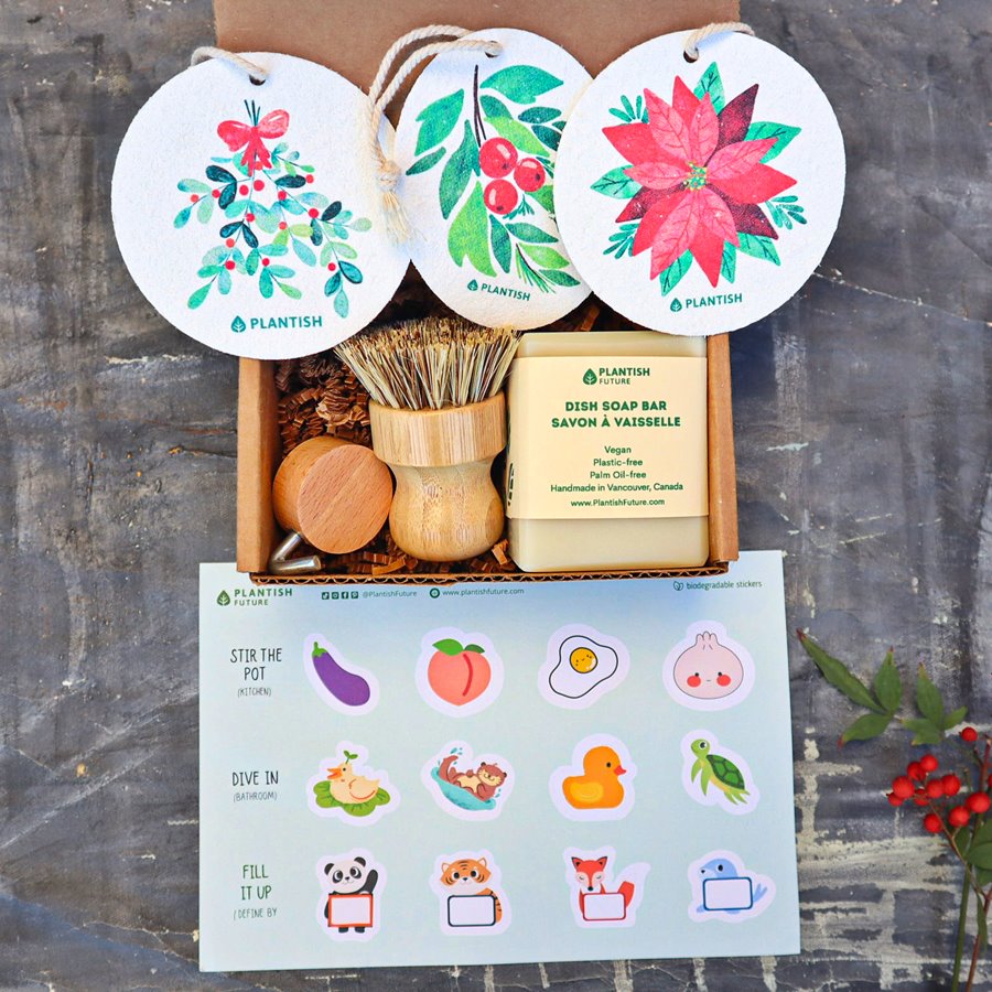 Botanical Bliss Pop up Sponge Set along with our Wooden Wall Hook, Pot Scrubber and Solid Dish Soap Bar
