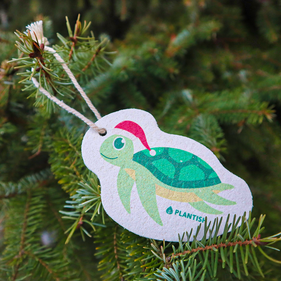 Holiday Turtle Pop up Sponge Replacing Plastic Ornaments as Christmas tree decor for a more sustainable holiday.