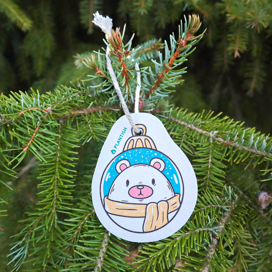 Ornament Polar Bear Pop up Sponge Replacing Plastic Ornaments as Christmas tree decor for a more sustainable holiday.
