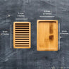 Dimensions of our biodegradable wooden soap dish, made of natural bamboo material.