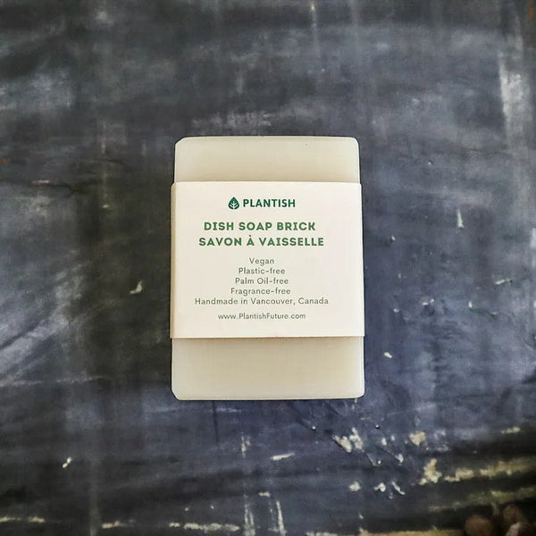 Our solid dish soap brick is plastic-free, biodegradable, vegan, palm oil-free, and fragrance-free for a sustainable and eco-friendly dishwashing experience.