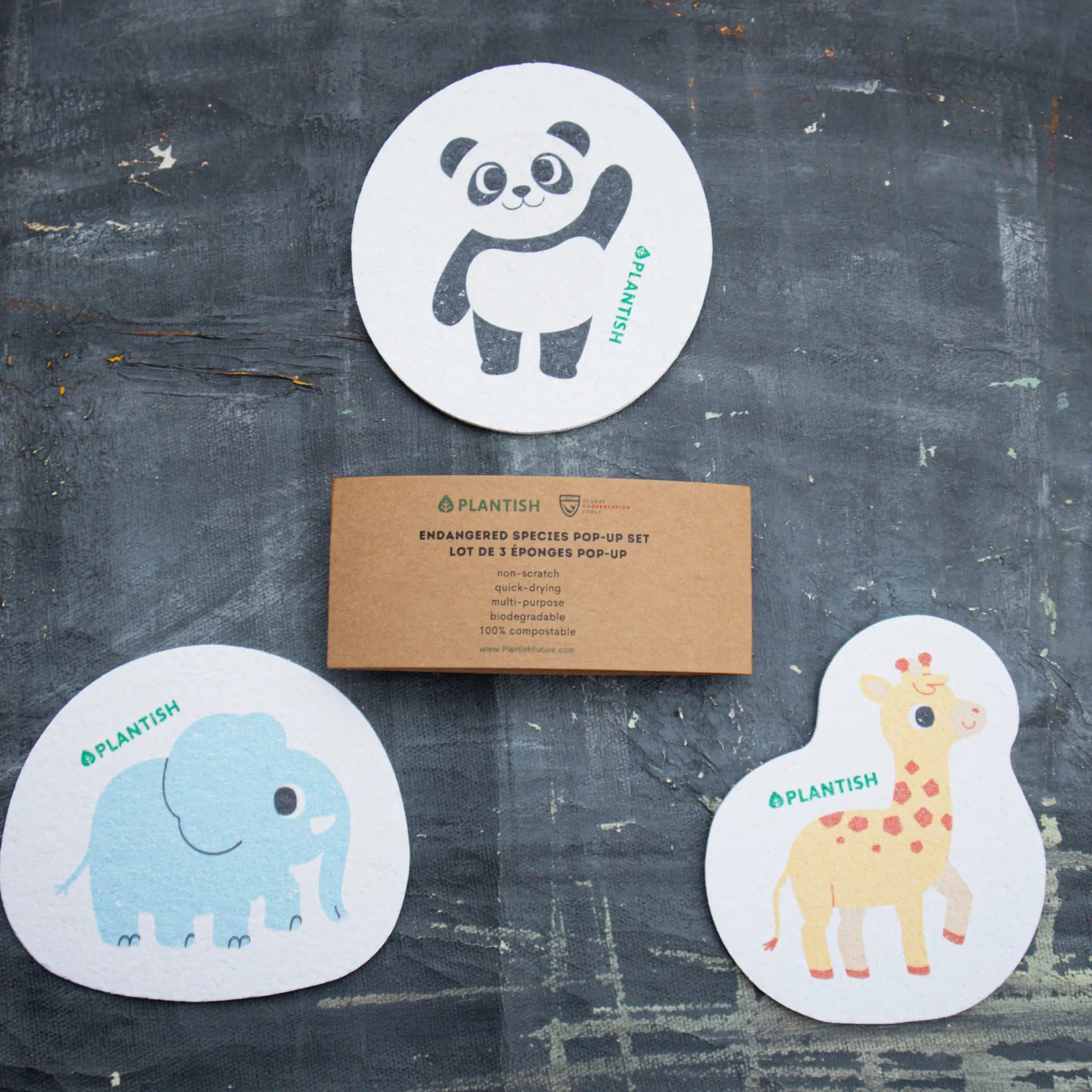 Eco-friendly and vegan dishwashing sponge set with charming panda, giraffe, and elephant designs for sustainable cleaning.