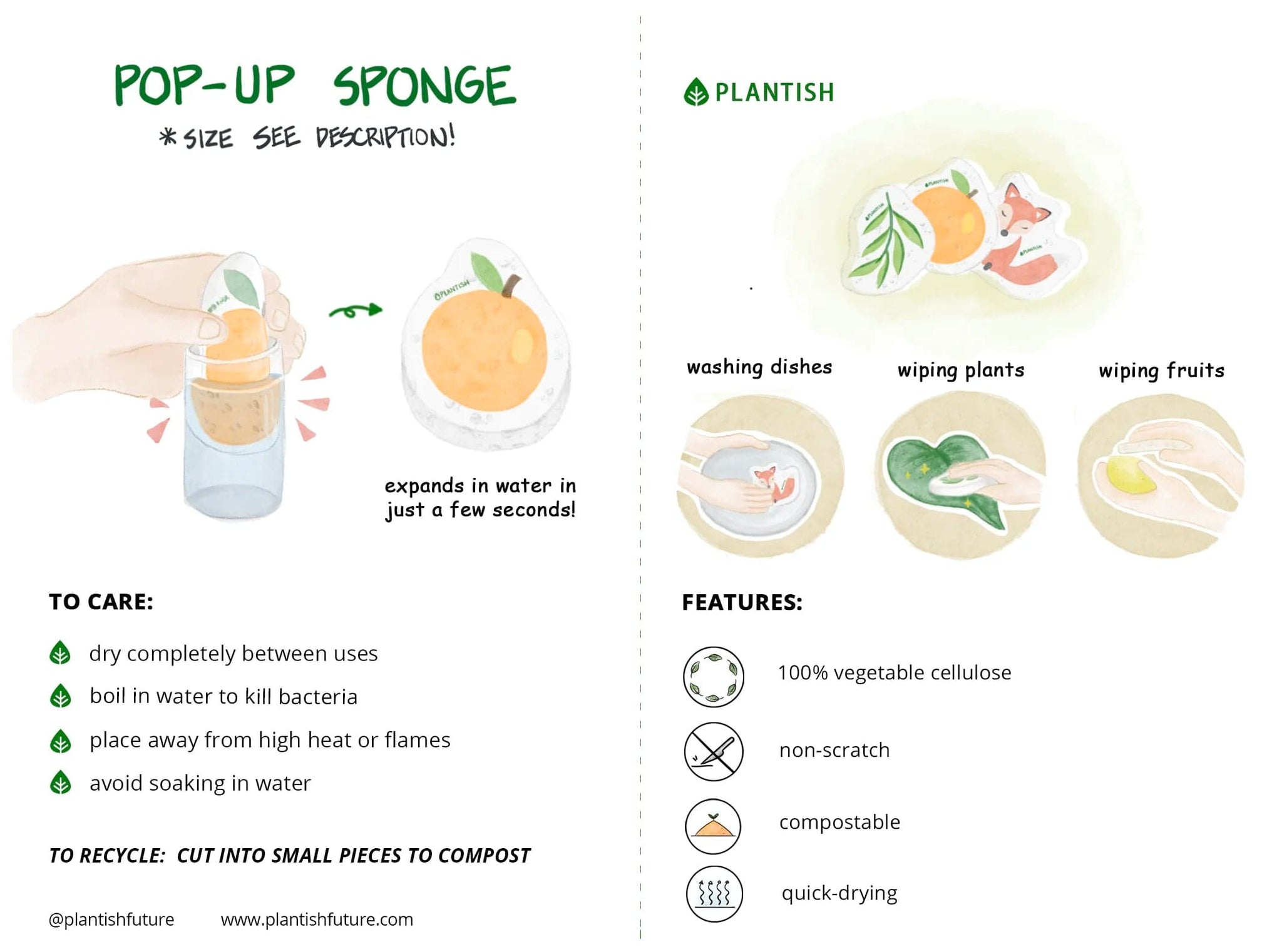 Care tips infographic for eco-friendly kitchen cleaning pop-up sponges. Non-scratch, compostable, and quick drying for your convenience.