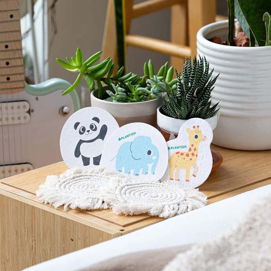 Wildlife-themed reusable kitchen sponges that are plastic-free.