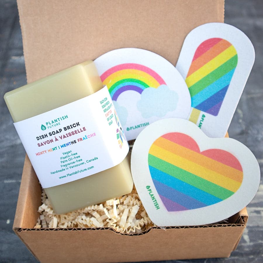 Upgrade your dishwashing routine with the Solid Dish Soap Pride Sponge Set, and let your kitchen shine while promoting love, equality, and sustainability. This set includes the Set of 3 LGBTQ+ Pride Pop-up Sponges and Minty Mint Solid Dish Soap Bar.