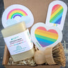 Introducing the Solid Dish Soap Pride Sponge Set, a vibrant and eco-friendly solution for your dishwashing needs. This set includes three essential products: Minty Mint Solid Dish Soap Bar, Sisal & Palm Pot Scrubber and Set of 3 LGBTQ+ Pride Pop-up Sponges.