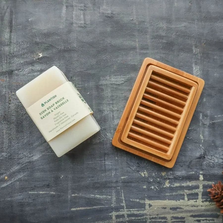 Zero waste solid dish soap brick and dual layer natural bamboo eco friendly soap dish for bathroom with handmade soap.