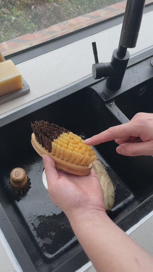 Video scrubbing fresh produce with vegetable brush.