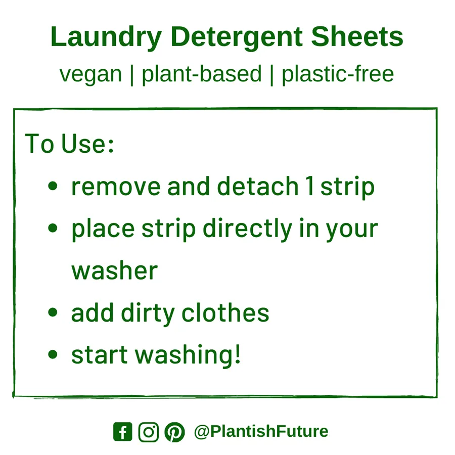 Infographic explaining how to use laundry detergent sheets. Remove and detach one strip and place in washing machine.