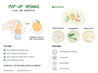 Care tips infographic for pop up sponges. Non-scratch and compostable. Made with 100& vegetable cellulose.
