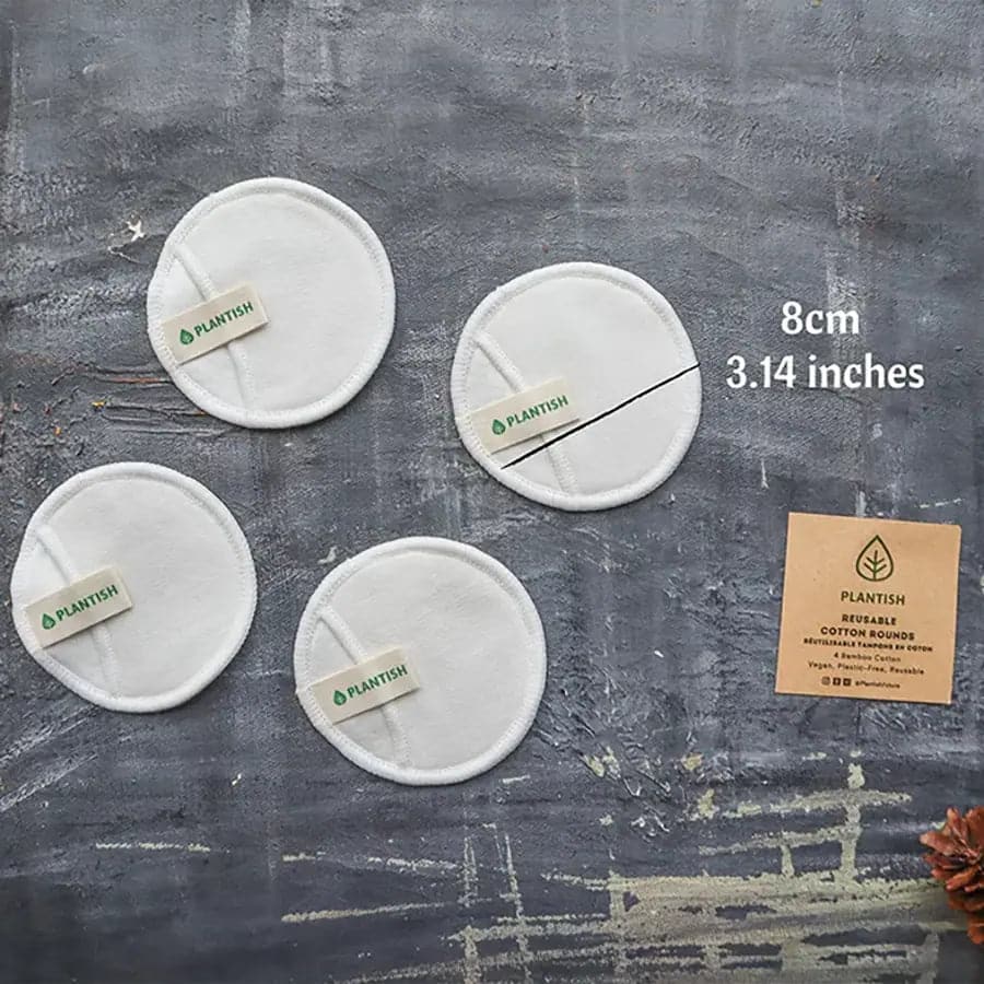 Dimensions of reusable cotton rounds. 8 centimetres/3.14 inches in width.
