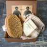Eco friendly and plastic free dry body brush bundle with 3-in-1 soap bar with shea butter.