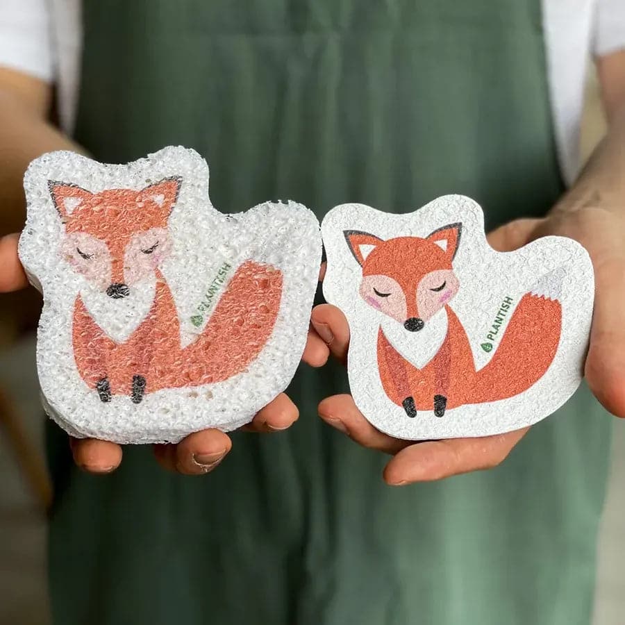 Hands holding wet and dry fox pop up sponges.