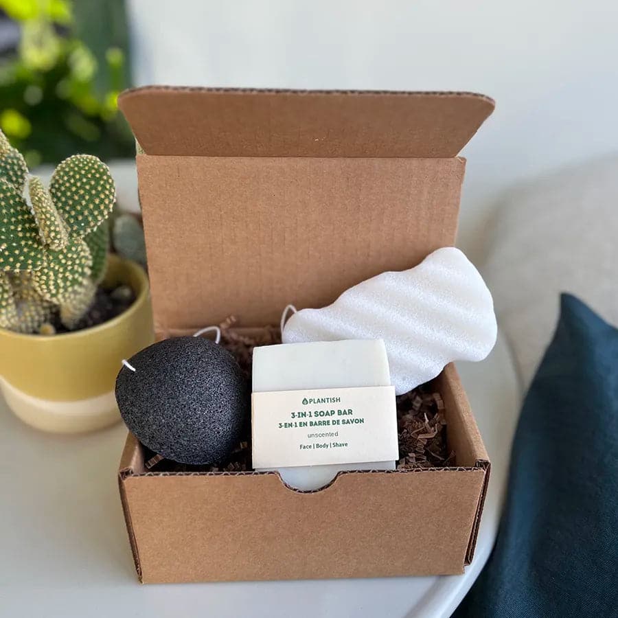 Plastic free and eco friendly skincare set. Includes konjac body sponge, konjac facial sponge, and 3-in-1 soap bar infused with shea butter.