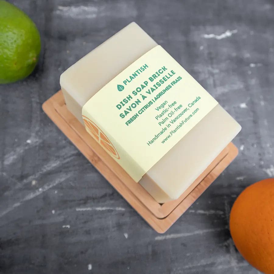 Fresh Citrus plastic free dish soap brick for eco friendly kitchen cleaning.
