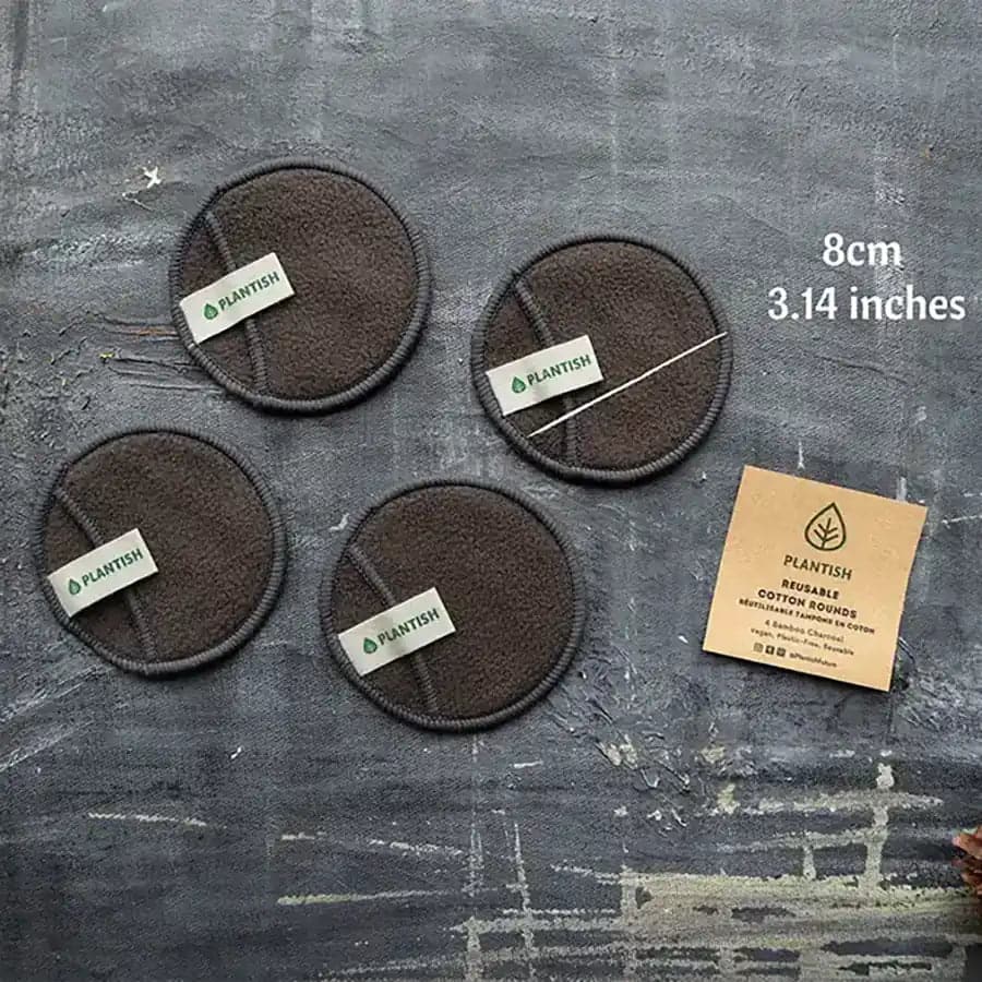 Dimensions of bamboo charcoal, reusable cotton rounds. 8 centimetres/3.14 inches.