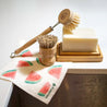 Sisal dish brush, sisal and palm pot scrubber, solid dish soap brick and watermelon Swedish sponge cloth.
