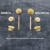 Graphic comparing bamboo and beechwood handle and dish brush head refills. New bamboo refill does not fit with beechwood handle.