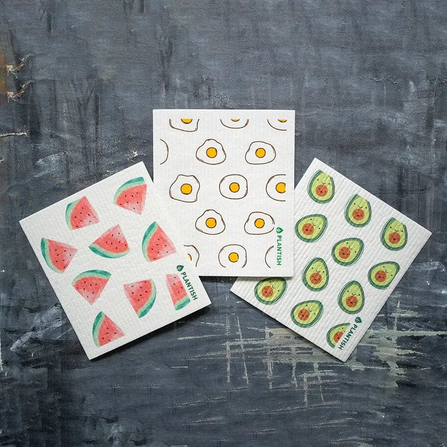 Set of 3 sweet munchies reusable dishcloths. Watermelon, egg, and avocado Swedish sponge cloths.