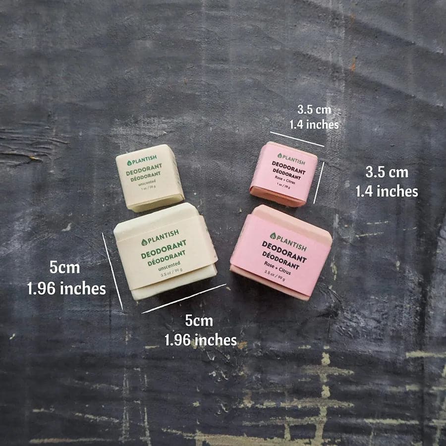 Dimensions of full sized and mini deodorant bars. 5 x 5cm for the full sized and 3.5 x 3.5cm for the mini size.
