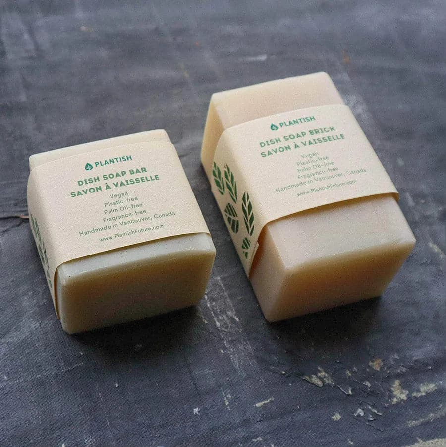 Solid dish soap bar and solid dish soap brick. Eco friendly, plastic free, and fragrance free.