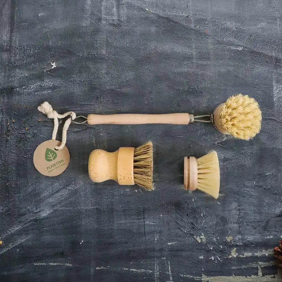 Sisal dish brush with bamboo handle and free dish brush replacement head and sisal and palm pot scrubber.